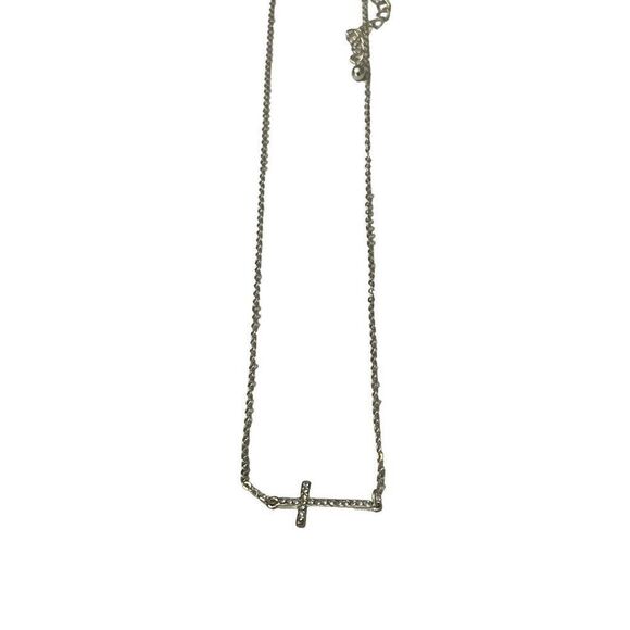 Silver Tone Sideways Cross Necklace Rhinestones 18” Religious Dainty New Gift - Picture 3 of 6